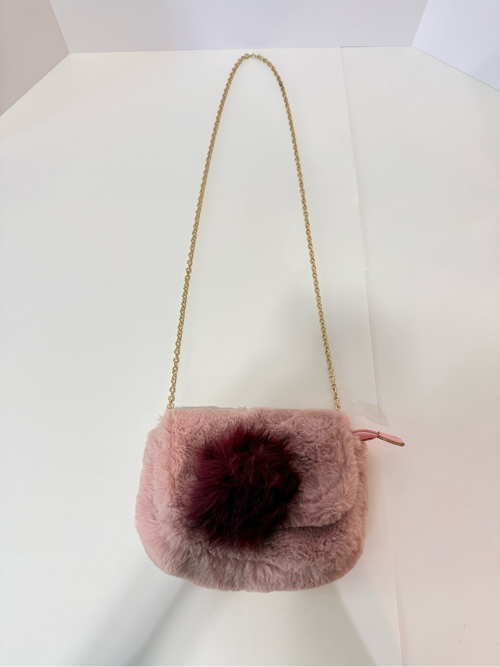 Charlotte Russe Pink Faux Fur Crossbody with Burgundy Pom